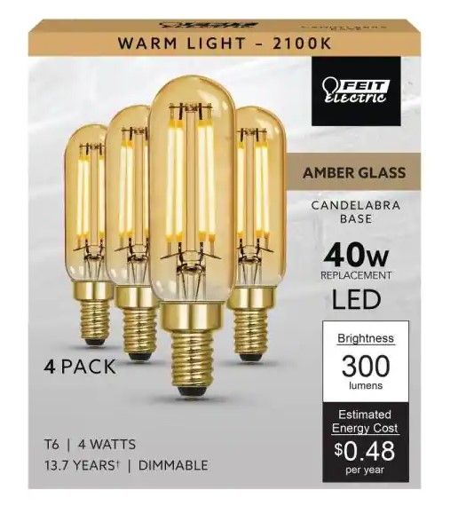 Photo 1 of 40-Watt Equivalent T6 Dimmable Straight Filament Amber Glass E12 Candelabra Vintage LED Light Bulb, Warm White (4-Pack)
