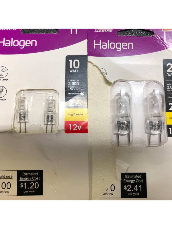 Photo 1 of 2 PACK of- TWO Feit Electric Halogen Bulbs 10 Watt, 12 Volt, G4, Dimmable & 20-Watt 2700K GY8.6 Base Halogen Light Bulb (2-Pack)

