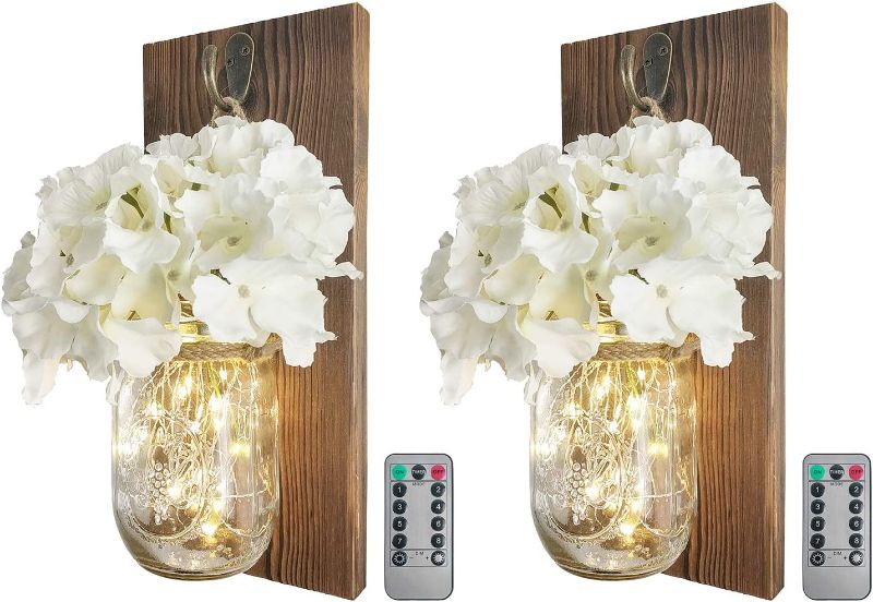 Photo 1 of 2 Pack Mason Jar Wall Decor With 8 Functions Remote, Hanging Mason Jars Light with 6-Hour Timer 30 Led Fairy Lights, Rustic Home Decor Wall Sconce With White Silk Hydrangea, Wall Art for Living Room
