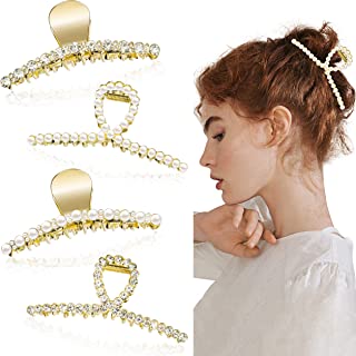 Photo 1 of 4 Packs Vintage Pearl Metal Rhinestone Hair Claw Clips Large Size Non-Slip Strong Hold Imitation Pearl Hair Jaw Clips Clamp Clips Hair Clasps Barrettes Accessories for Women Ladies Girls