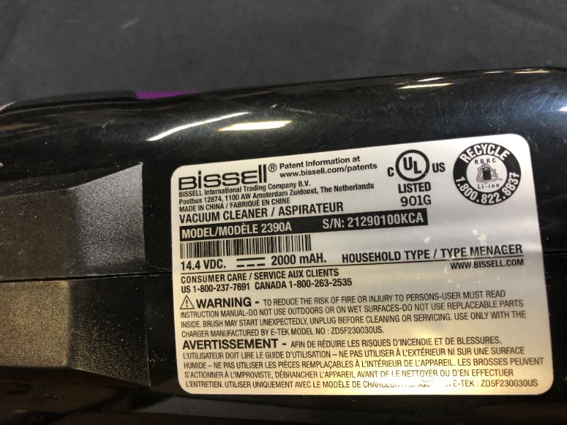 Photo 6 of Bissell Pet Hair Eraser Lithium Ion Cordless Hand Vacuum, Purple
(MISSING CHARGER, BOX AND MANUAL, SCRATCHES AND DIRT IN CANISTER)