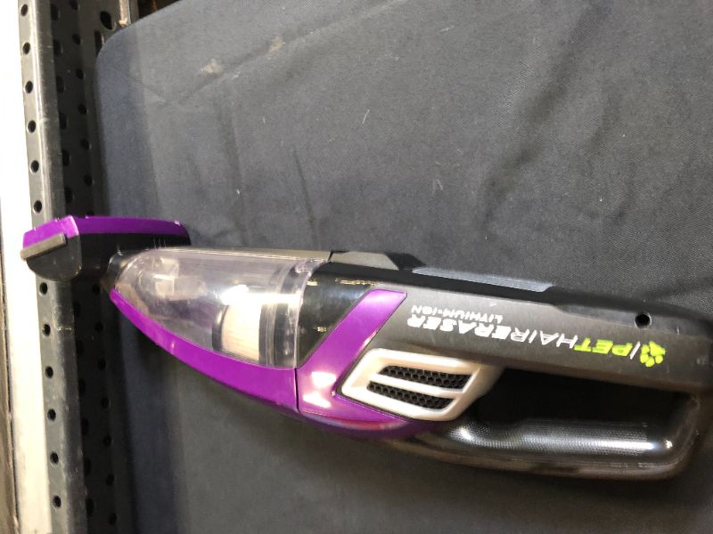 Photo 4 of Bissell Pet Hair Eraser Lithium Ion Cordless Hand Vacuum, Purple
(MISSING CHARGER, BOX AND MANUAL, SCRATCHES AND DIRT IN CANISTER)