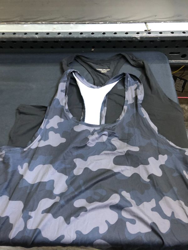 Photo 1 of Amazon Essentials Women's Tech Stretch Relaxed-Fit Racerback Tank Top, Pack of 2, Black/Grey, Camo, XX-Large
