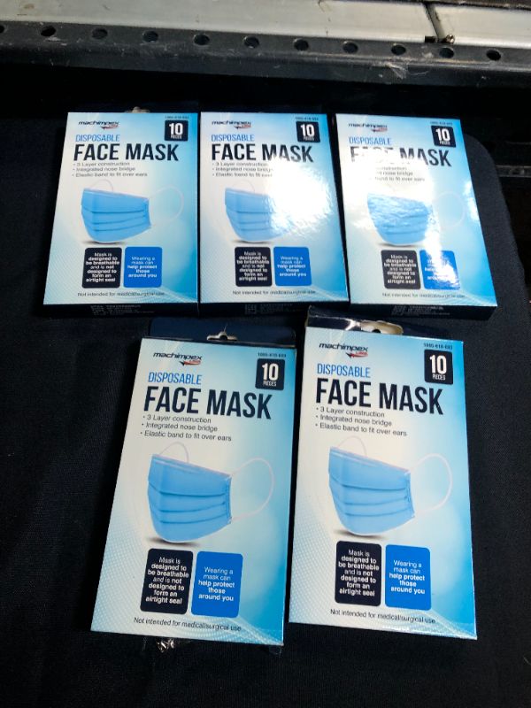 Photo 2 of MACHIMPEX USA 10 PIECE DISPOSABLE FACE MASK (5 BOXES 10 PIECES IN EACH BOX) (DAMAGES TO PACKAGING)