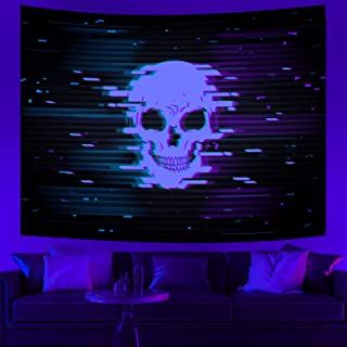 Photo 1 of Musaoz Blacklight Skull Tapestry UV Reactive Black Light Psychedelic Space Skeleton Tapestry Wall Hanging Black Light Tapestries for Bedroom Living Room Party Aesthetics Decor Poster 60x80inches
