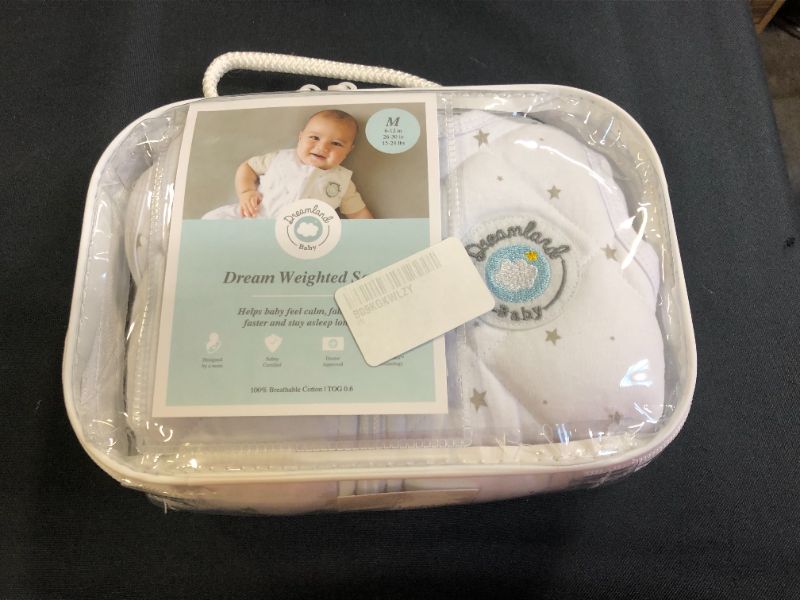 Photo 1 of Dreamland Baby Weighted Sleep Sack | Gently Weighted Sleep Sack | 100% Natural Cotton | 2-Way Zipper | Machine Washable and Dryable | White with Gray Star, MD (6-12 Mo.)
