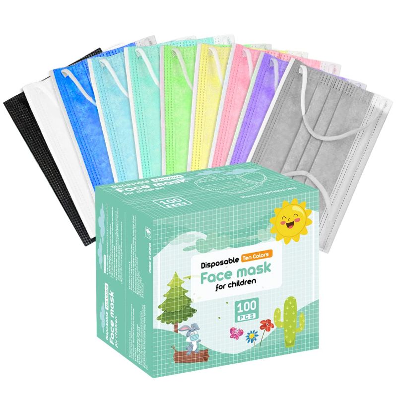 Photo 1 of HIWUP 100Pcs Ten Colors Kids Disposable Face Masks for Childrens Face Mask Ages 4-12 18 pack 
