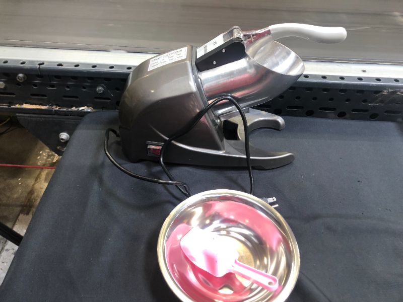 Photo 1 of OKF Ice Shaver Prevent Splash Electric Three Blades Snow Cone Maker Stainless Steel Shaved Ice Machine 220lbs/hr Home and Commercial Ice Crushers (Silver)
