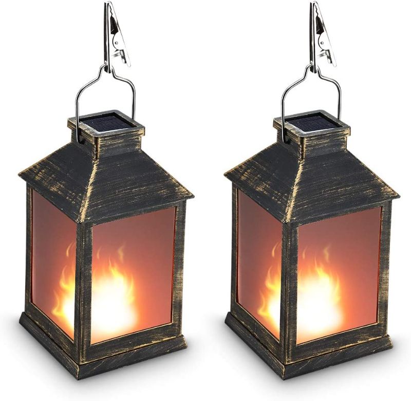 Photo 1 of 10" Vintage Style Solar Powered Lantern Fame Effect(Metallic Coating,Plastic),Solar Garden Light with Vivid Fire Effect,Outdoor Solar Hanging Lantern,Decorative Lanterns ZKEE (Set of 2)
