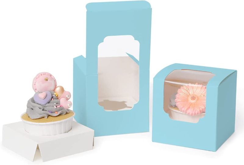 Photo 1 of Yotruth 55 Packs Individual Cupcake Boxes 3.5" x 3.5" x 3.5" Baby Blue Auto-Popup Bakery Boxes for Wedding,Mini Cupcake Carrier
