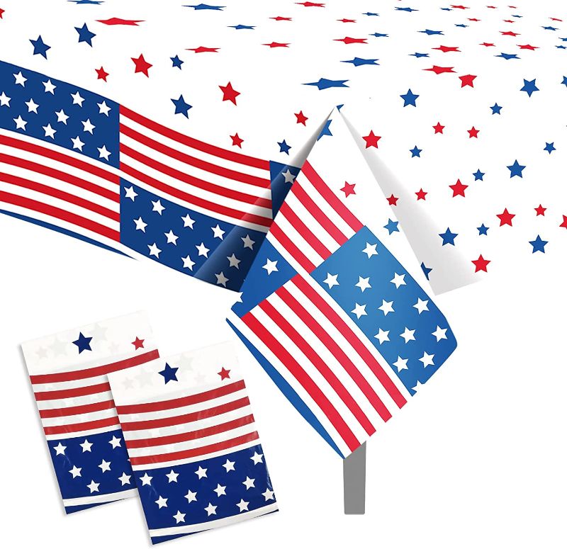 Photo 1 of 2 Pieces 4th of July Party Tablecloths, American Flag Plastic Disposable Rectangle Party Table Covers for Patriotic Independence, Memorial Veterans Day Party Supplies Favors, 51 x 86.6 Inches
