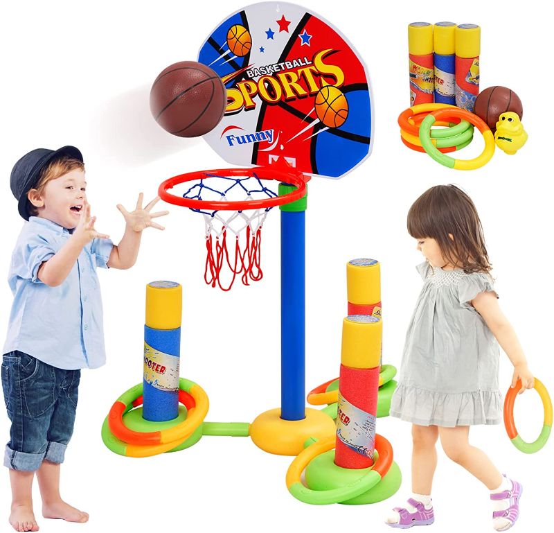 Photo 1 of Basketball Hoop Set, Floating Pool Toys Game Gifts for Kids Toddlers Indoor Outdoor Swimming Pool Ring Toss Game Water Gun with Balls and Hand Pump
