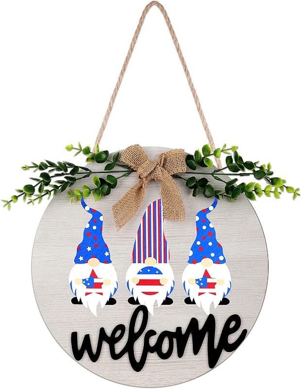 Photo 1 of 4th of July Welcome Wooden Sign Patriotic Independence Day Rustic Farmhouse Wood Hanging Decor with American Flag Gnomes Ribbon Bow Artificial Branch for Door Yard Wall Porch (Light Gray)
