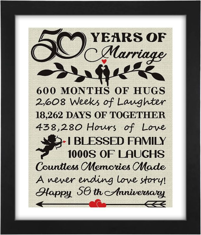 Photo 1 of 50th Anniversary Framed Burlap Print Framed 50 Years of Marriage Burlap Print 11 x 13 Inches Couple 50th Wedding Anniversary Keepsake Gift for Parents Grandma and Grandpa
