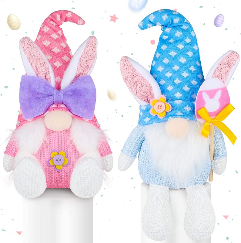 Photo 1 of 2PCS Bunny Easter Gnome Plush Easter Decorations Handmade Rabbit Dolls Easter Gifts for Kids Elf Home Ornaments for Living Room Easter Table Decor Spring Holiday Decor 14 Inches Pink and Blue
