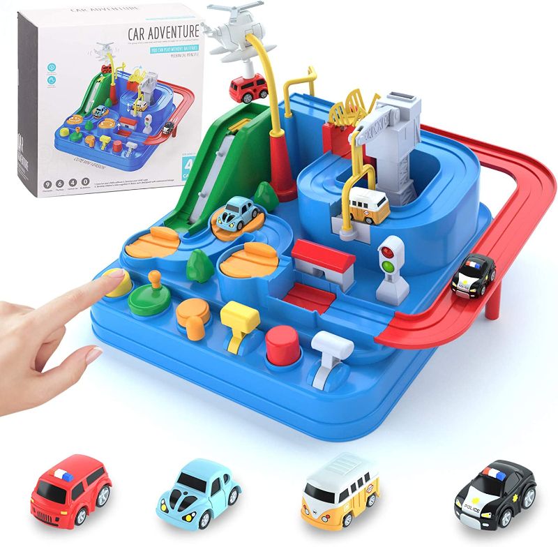 Photo 1 of Car Adventure Toys for 3 4 5 6 7 8 Year Old Boys Girls, Race Tracks Toy for Boys with 4 Toy Vehicle, Preschool Educational Toy Car for Boys, Interactive Classic Toys Vehicle, Blue
