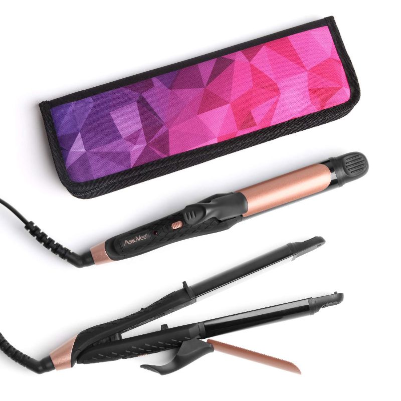 Photo 1 of AmoVee 2 in 1 Flat Iron Curling Iron Hair Straightener, Dual Voltage, 1 inch, Carry Bag Included (Black)
