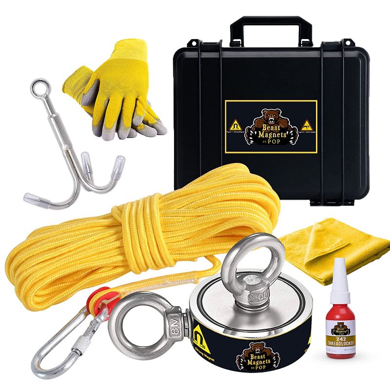 Photo 1 of 1320LB’s Complete Magnet Fishing Kit | Double Sided Fishing Magnet Kit with Case | Includes Strong Neodymium N52 Magnet, Durable 65ft Rope, Carabiner, Gloves, Grappling Hook & Carry Case
