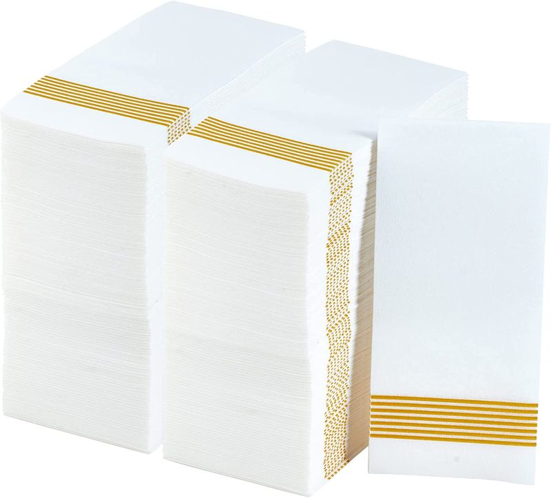 Photo 1 of 200 Packs Linen-like Guest Towels Disposable, Disposable Dinner Napkins Paper for Kitchen, Disposable Hand Towels for The Bathroom, Wedding Napkins, Party Napkins. (Striped Gold)
