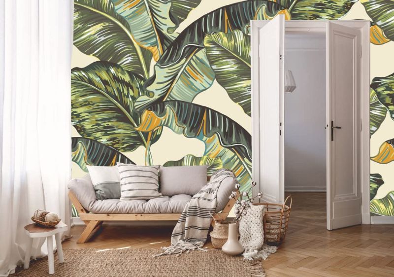 Photo 1 of Bormia Tropical Banana Leaf Wallpaper Tropical Vintage Leaves Wall Mural Natural Pattern Wall Print for Bedroom Living Room Cafe Shop Entryway 108"x75" (Not Self-Adhesive)
