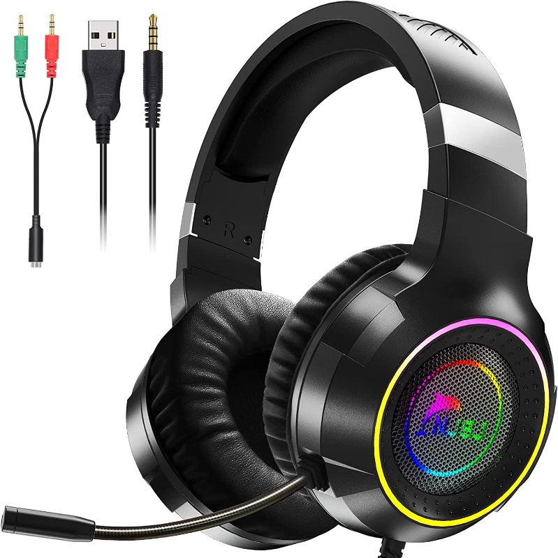 Photo 1 of NJSJ RGB Gaming Headset with Microphone for PS4, PS5, Xbox One, PC Headset with Stereo Surround Sound-RGB Flowing Light-Memory Foam Earcups for Mac, Laptop, Phone(E300)
