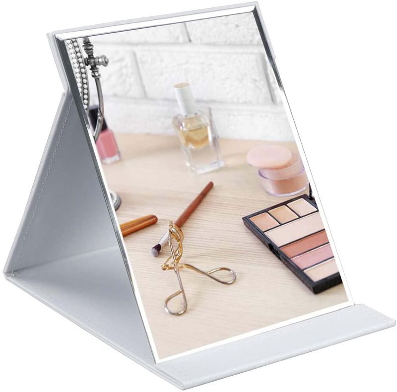 Photo 1 of 10x7 Inches Portable Folding Makeup Mirror, Frameless PU Leather Desk Mirror with Stand for Camping Travel Tabletop Personal, White
