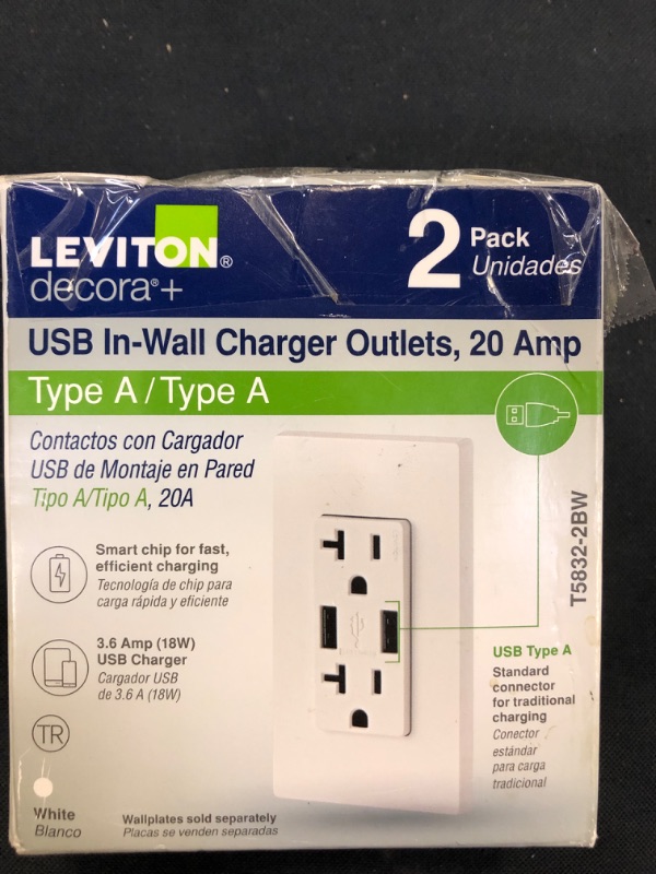 Photo 1 of Decora 20 Amp 125-Volt Combination Duplex Outlet and USB Outlet, White (2-Pack)
