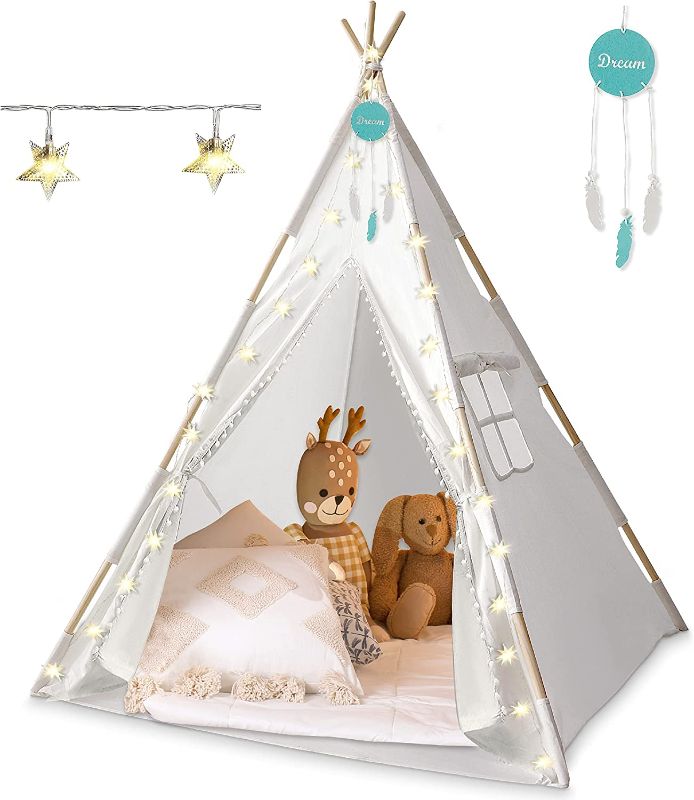 Photo 1 of Teepee Tent for Kids - Indoor Tent, Pompon Ball Design, Built-in Mat, Inner Pockets, Window, LED Star Lights, Dream Catcher, Unique Threaded Poles - Strong Foldable Play Tent for Girls & Boys.
