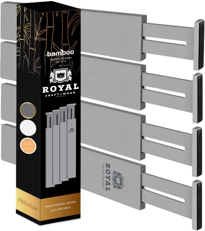 Photo 1 of Adjustable Bamboo Drawer Dividers Organizers - Expandable Drawer Organization Separators For Kitchen, Dresser, Bedroom, Bathroom and Office, 4-Pack (Short (up to 16")) (Gray)
