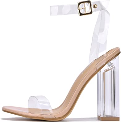 Photo 1 of Cape Robbin Maria-2 Clear Chunky Block High Heels for Women, Transparent Strappy Open Toe Shoes Heels for Women. SIZE 6 
