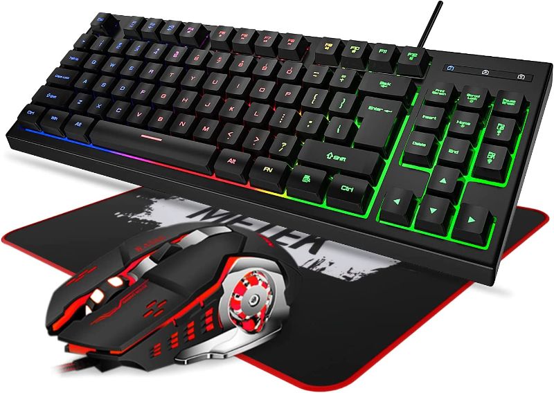 Photo 1 of MFTEK RGB 87 Keys Gaming Keyboard and Mouse Combo with Large Mouse Pad, USB Wired Rainbow Backlit Mechanical Feel Keyboard and 4 Color Light Up Gaming Mouse Set for PC Laptop Computer Gamer Work   
