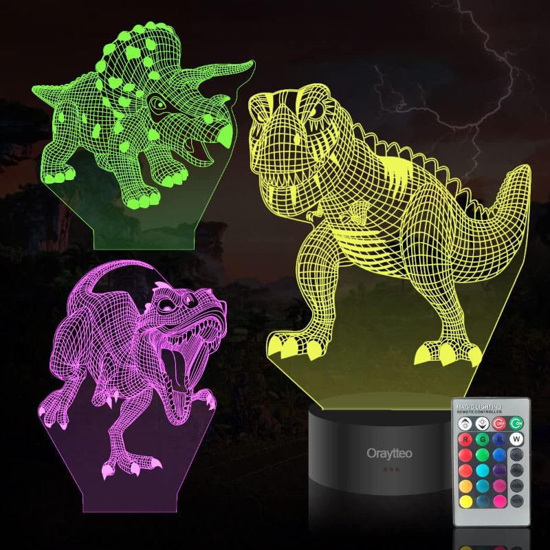 Photo 1 of 3D Dinosaur Night Lights for Kids, Dinosaur 3D LED Illusion Lamp with 3 Patterns 16 Colors Change Remote Control for Children Bed Room Decoration, Best Dinosaur Toys Gift for Boys Girls
