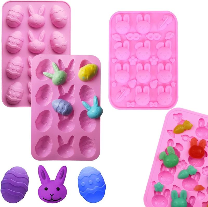 Photo 1 of 2 Pack Easter Egg and Bunny Silicone Molds Tray, Egg Shaped Mold Baking Pan Resin Cake Chocolate Mold, for Candy Gummy Ice Cube Jello Jelly Cake Mini Soap Wax Crayon Melt Resin Clay
