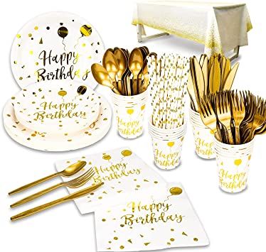 Photo 1 of 201 Pieces Gold Disposable Party Dinnerware Set &Golden Dot Disposable Birthday Party Dinnerware - Black Paper Plates Napkins Cups, Gold Plastic Forks Knives Spoons (25 Guests,201 Pieces) (White Gold)
