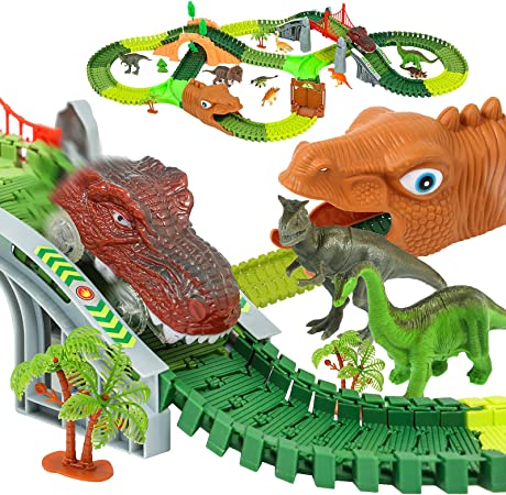Photo 1 of Dinosaur Race Track Toys - 284pcs Lengthen Flexible Track Toys with Dinosaur Race Car, Create a Dinosaur World Road Race for 3 4 5 6 Year & Up Old boy Girls Best Gift
