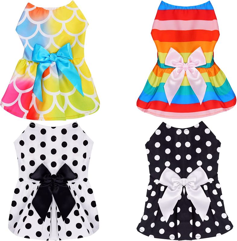 Photo 1 of Haakong 4pcs Dog Dresses Puppy Dresses Dog Bowknot Pet Dresses Summer Dresses for Pet Dog Puppy (White Dots Dress, Black Dots Dress, Ribbon Dress, Fish Scales Dress)