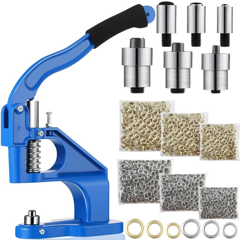 Photo 1 of 3 Die Hand Press Grommet Machine Grommets Eyelet Tool Kit with Handle Cover 2400 Pieces Grommets for Grommets Snap Buttons Rivets Eyelets Pearls, Size 0, 2, 4 (Blue)
