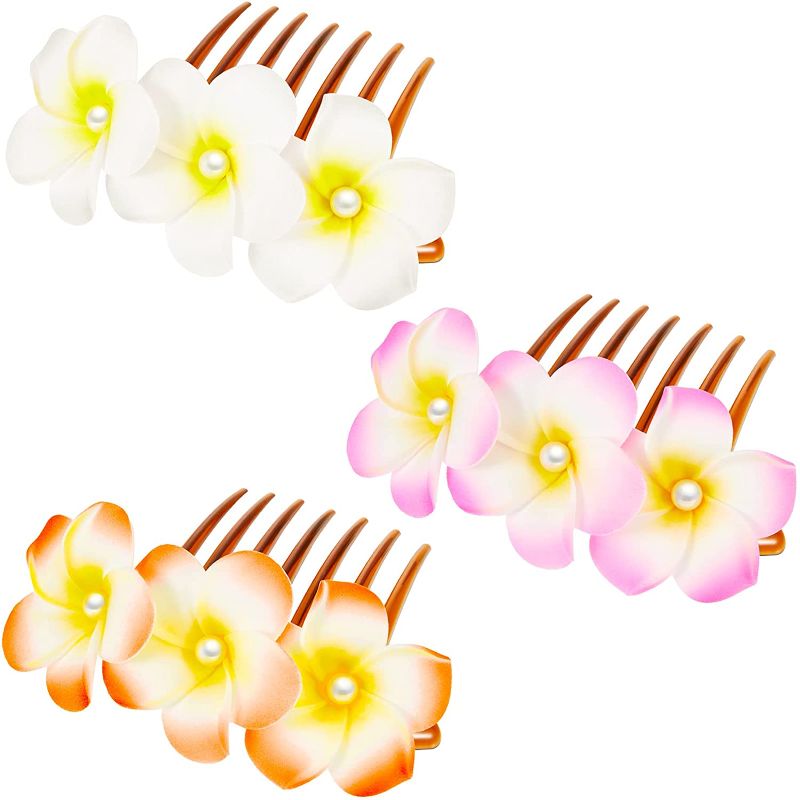 Photo 1 of 3 Pieces Hawaiian Flower Hair Clips Flower Hair Combs Hawaiian Hair Clips Plumeria Hair Combs Hawaiian Accessories for Women hawaiian hair accessories Women Beach hawiian Party Accessories 2 Inch 2 PACK 
