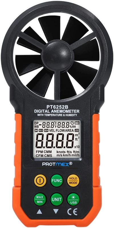 Photo 1 of Protmex Handheld USB Wind Speed Meter Digital Anemometer, Portable LCD Backlight Humidity Temperature Tester Meters, Air Volume Measuring CFM Meter, PT6252B (Battery Included)
