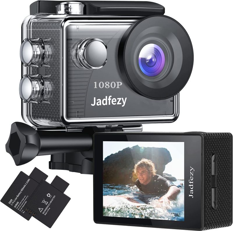 Photo 1 of Jadfezy Action Camera FHD 1080P 12MP, 98FT/30M Underwater Waterproof Camera with 2 Batteries, Wide Angle Sports Camera with Accessories Kit Suitable for Helmet, Bicycle, etc. (FHD 1080P)
