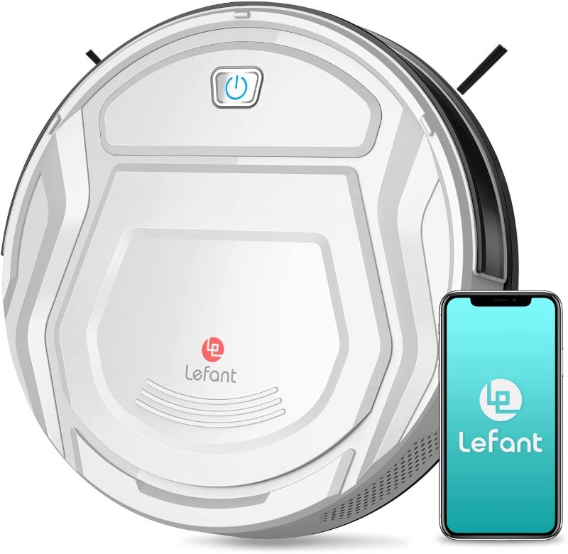 Photo 1 of Lefant Robot Vacuum Cleaner, 1800Pa Strong Suction, Slim, Quiet, Automatic Self-Charging, Wi-Fi/App/Alexa Control, Ideal for Pet Hair Hard Floor and Low Pile Carpet, M210 White
