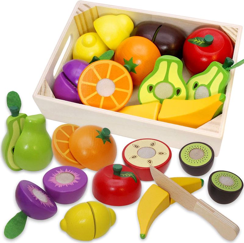 Photo 1 of Wooden Play Food for Kids Kitchen Cutting Fruits Toys for Toddlers Pretend Vegetables Gift for Boys Girls Educational Toys