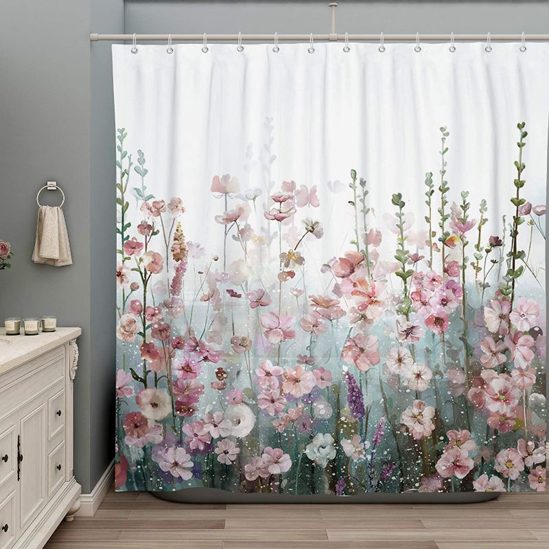 Photo 1 of Colorful Flowers Shower Curtain for Bathroom Pink Floral Romantic Wildflower Plants Nature Scenery Decoration Curtain Set with Hooks