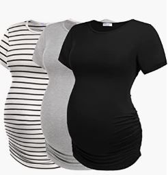 Photo 1 of Ekouaer Women Maternity Shirt Funny Print Side Ruched Raglan Short Sleeve Cute Pregnancy Top (Size M) -- 3 Shirts --