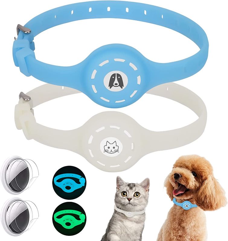 Photo 1 of AirTag Cat Collar with AirTag Holder Case Integrated 2 Pack, Luminous Silicone Anti-Lost Apple Air Tag Dog Holder for Pet and 2 HD Protective Film Set