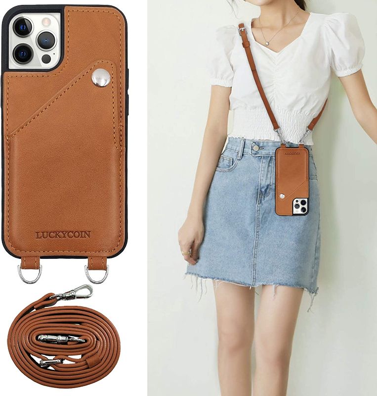 Photo 1 of LUCKYCOIN Compatible with iPhone 12/12 Pro Case Leather Crossbody Adjustable & Detachable Strap Phone Cover with Card Holders Portable Protective Case for iPhone 12/12 Pro 6.1 inch Brown