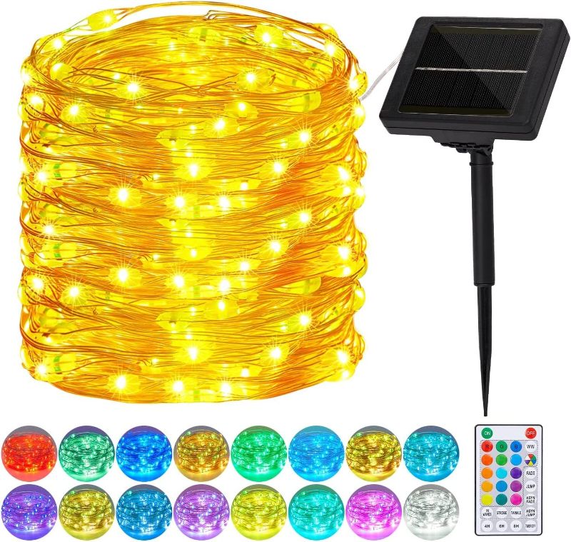 Photo 1 of 36ft Multicolor Solar Fairy Lights,100 LED Solar String Lights Outdoor Waterproof, 16Colors 8Modes Sliver Wire Mini Solar Lights with Remote Timer for Garden Bedroom Christmas Festival Decoration

