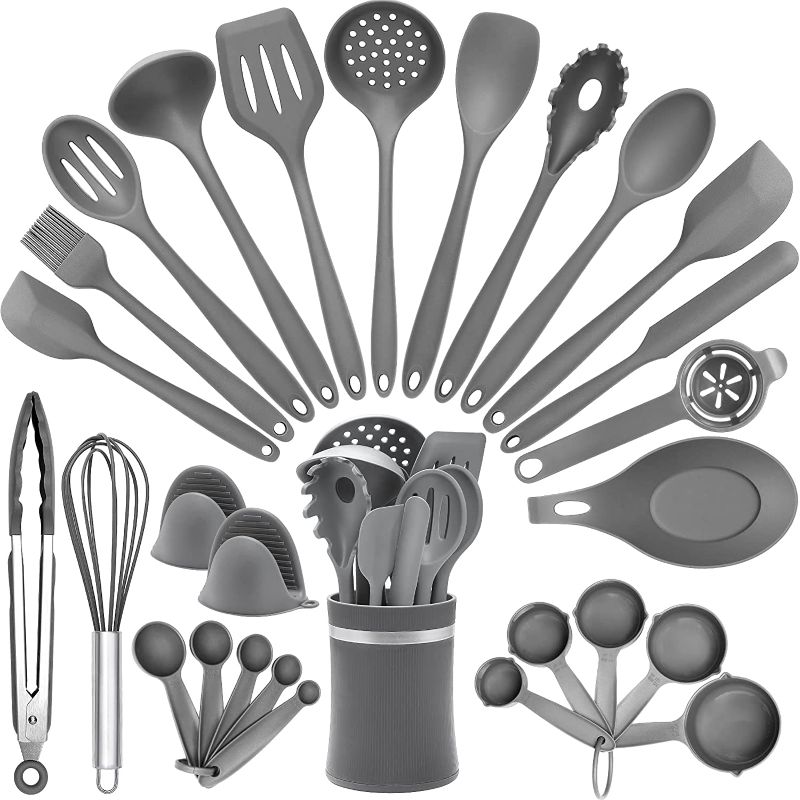 Photo 1 of 28PCS Silicone Kitchen Cooking Utensils Set with Holder, AIKWI Heat-Resistant & Non-stick Silicone Turner Spatula Spoon for Cooking, BPA Free Kitchen Tools Gift (Gray) -- Packaging Slightly Damaged --