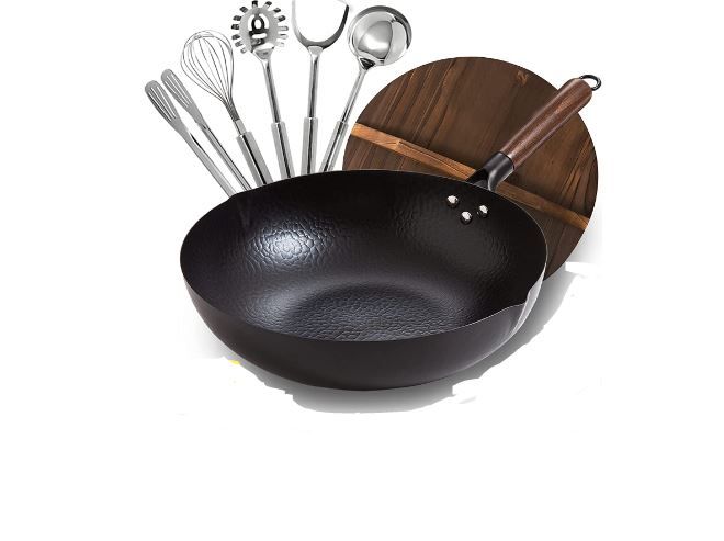 Photo 1 of BrBrGo Wok Pan, 13" Carbon Steel Wok with Wooden Handle, Flat Bottom Chinese Stir Fry Wok, 10 Pieces Set with Cooking Utensils, Frying Pan for All Stoves -- Handle to Pan Screws into Pan , Packaging Slightly Damaged  --
