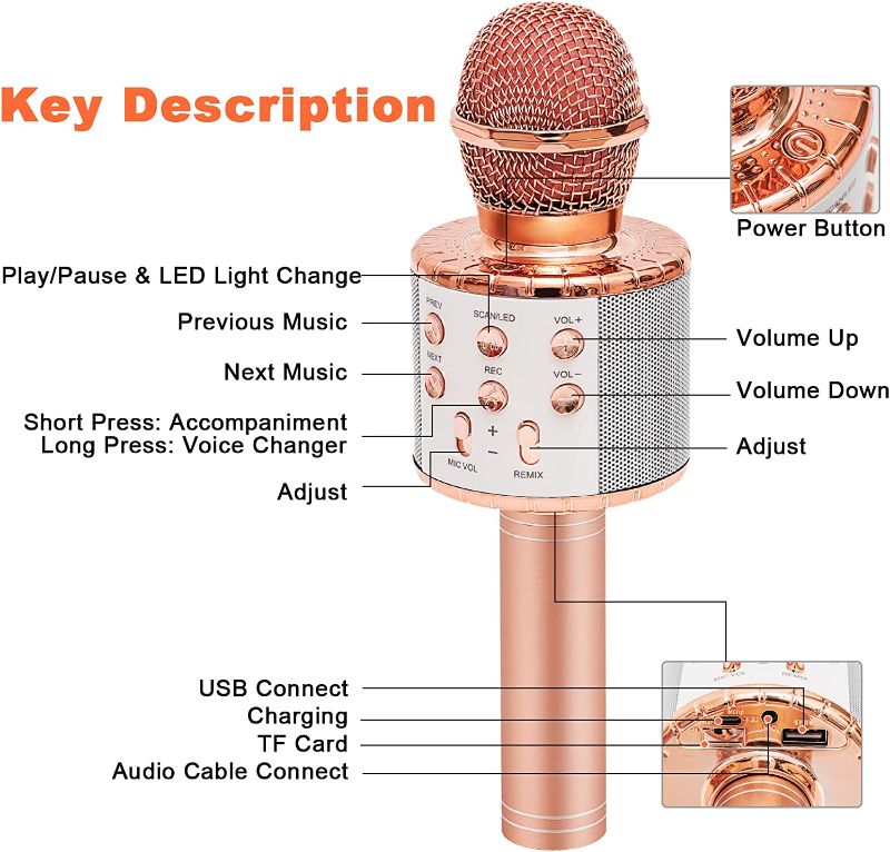 Photo 1 of Wireless Karaoke Microphone for Kids, Bluetooth Karaoke Microphone Portable Handheld Singing Karaoke Mic Speaker 3 4 5 6 7 Years Old Toys Kids Gift for Girl Boy (Rose Gold 1Pack)
